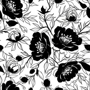A seamless floral pattern with black and white flowers and leaves, isolated on, creating a classic and elegant design