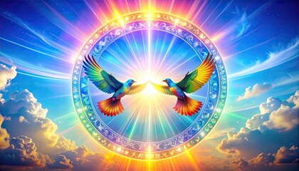 Twin Birds in a Radiant Fantasy Scene