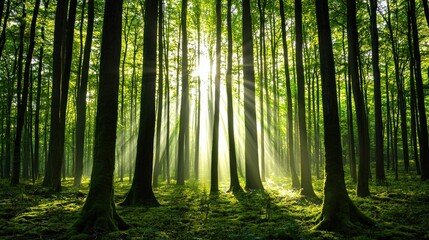 A dense forest with moss-covered trees and soft light filtering through the canopy