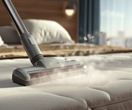 A vacuum cleaner vacuums a mattress as a dust mite preventative