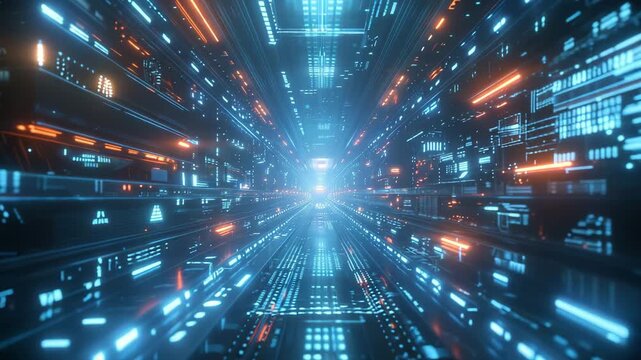 Futuristic tunnel with glowing neon lights and reflections, creating a sense of speed and technological advancement in a digital world 4k video - Powered by Adobe