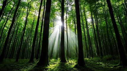 Obraz premium A dense forest with moss-covered trees and soft light filtering through the canopy