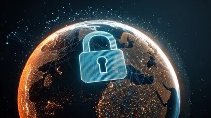 Digital representation of a secure globe with a padlock symbolizing global cybersecurity and safety - Powered by Adobe