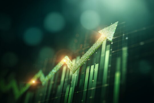 Green upward arrow and bar graph on a dark background with bokeh effect, concept for financial growth, market analysis and economic forecast