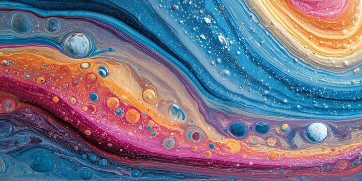 Abstract fluid art with swirling colors and spherical elements creates a dynamic texture, concept for modern backgrounds, digital artistry and contemporary graphic design - Powered by Adobe