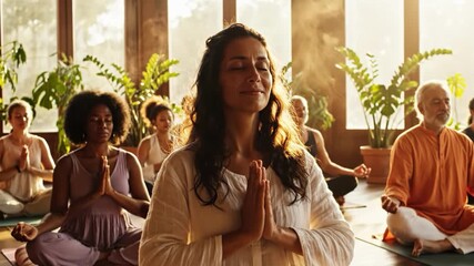 Diverse group meditating in a sunlit yoga studio