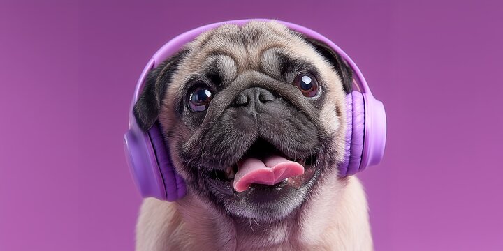 Close-up of a cute pug dog with tongue sticking out, wearing violet headphones on a solid violet backdrop, concept for pet accessories, music themes and joyful celebrations