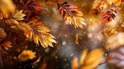 Close up shot of vibrant autumn leaves with bokeh lights and a blurred background effect