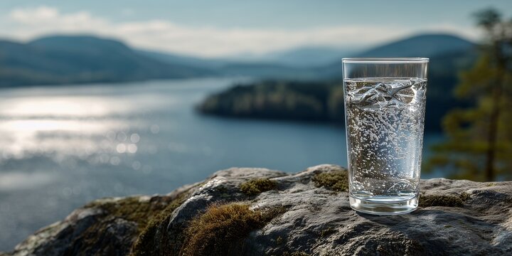 A glass of refreshing water with ice on a rock overlooks a serene lake scene, concept for hydration, healthy lifestyle and nature getaway - Powered by Adobe