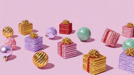 Colorful christmas decorations against pink background