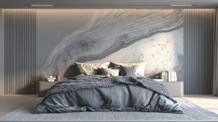 Elegant bedroom interior with textured gray wall and luxurious bedding details