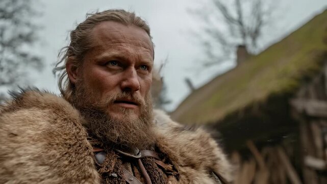 Rugged Norse warrior gazes intently towards sky, standing near a rustic ancient village hut with a mossy roof in a dark forest clearing, embodying strength and medieval legend.