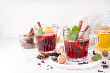 Tasty autumn non-alcohol hibiscus mulled wine drink