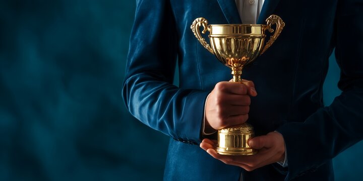 Successful manager holding golden trophy against a dark blue background, concept for corporate achievement, leadership success and reward