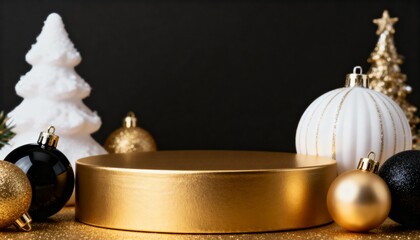 Studio photography Christmas mockup with a golden round platform surrounded by gold, black, and white Christmas ornaments and decorative trees on a black background, luxury holiday product display 