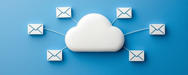 Cloud Email Services. A cloud icon connected to multiple email symbols, representing cloud-based email storage and accessibility.