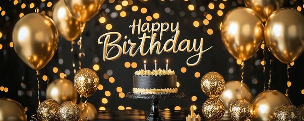 Elegant Golden Birthday. A luxurious gold and black theme with a sparkling birthday cake, golden balloons.