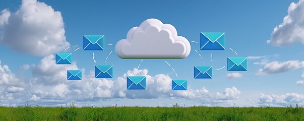 Cloud Email Services. A cloud icon connected to multiple email symbols, representing cloud-based email storage and accessibility.