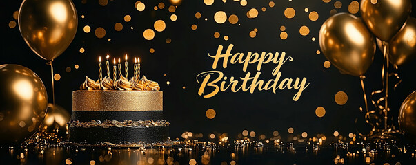 Elegant Golden Birthday. A luxurious gold and black theme with a sparkling birthday cake, golden balloons.
