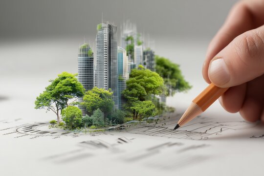 Close-up hand sketches urban landscape with green trees and modern buildings, concept for sustainable architecture, environmental planning and urban development