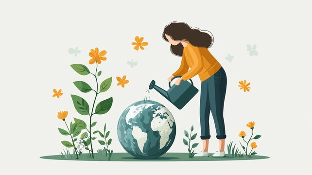 Person watering the Earth surrounded by plants, metaphorically nurturing the planet to restore its natural beauty.