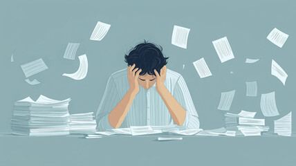 Stressed employee sitting at a cluttered desk with paperwork and deadlines looming.