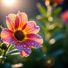 Dewdrops adorn vibrant flower petals bathed in golden morning sunlight