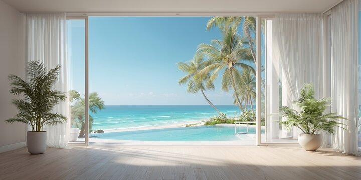 Bright minimalist interior with ocean view and palm trees through sliding glass doors, concept for luxury vacation rentals, tropical home design and coastal real estate marketing