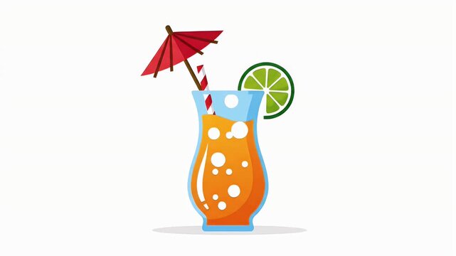 Animated tropical cocktail with umbrella and lime slice on white background