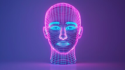 Futuristic Facial Recognition. A glowing biometric scan analyzing a human face, with neon blue scanning lines.