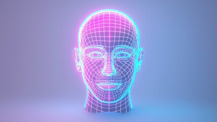 Futuristic Facial Recognition. A glowing biometric scan analyzing a human face, with neon blue scanning lines.