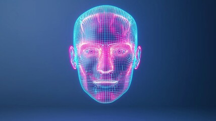 Futuristic Facial Recognition. A glowing biometric scan analyzing a human face, with neon blue scanning lines.