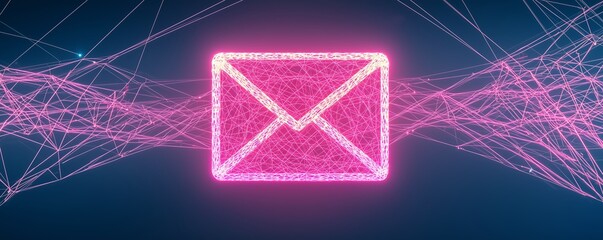 Global Email Network. A glowing email icon at the center, connected to multiple locations worldwide through digital data lines.