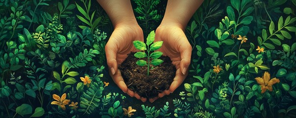 Reforestation and Nature Conservation. A pair of hands planting a small sapling in the soil.