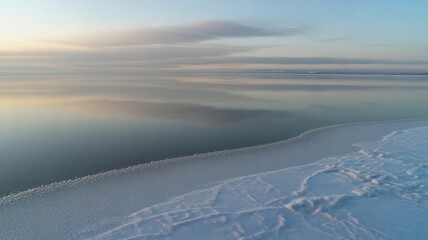 Frozen Reflections: Serene Winter Morning at the Edge of a Snowy Lake, Ice