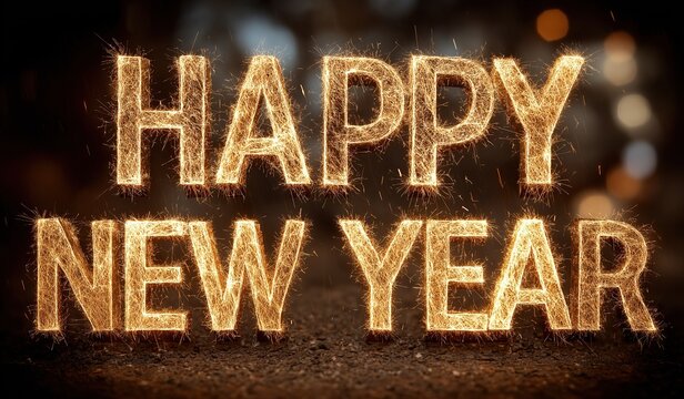 Happy New Year text made of golden fireworks and sparklers against dark brown background creating celebration atmosphere for new year.