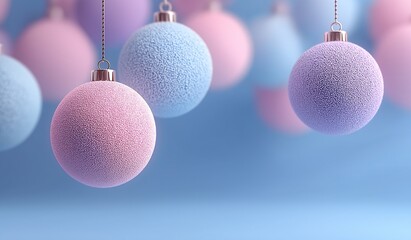 Pastel colored Christmas ornaments on blue background featuring pink purple and sky blue colors for new years celebration concept.
