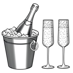 A bottle of champagne in an ice bucket and flute glasses a hand-drawn sketch-style vector illustration. Line art of a festive, sparkling wine drink for a bar or menu. Clipart for parties and New Year' © Olga Shulgina