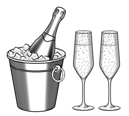A bottle of champagne in an ice bucket and flute glasses a hand-drawn sketch-style vector illustration. Line art of a festive, sparkling wine drink for a bar or menu. Clipart for parties and New Year