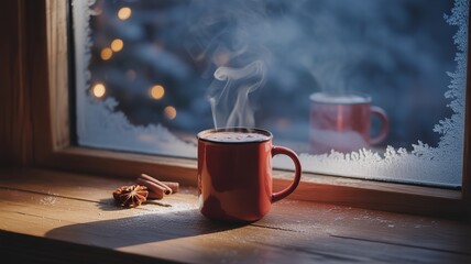Frosted Pane: Steaming Hot Chocolate in Cozy Winter Scene with Cocoa Sprinkles