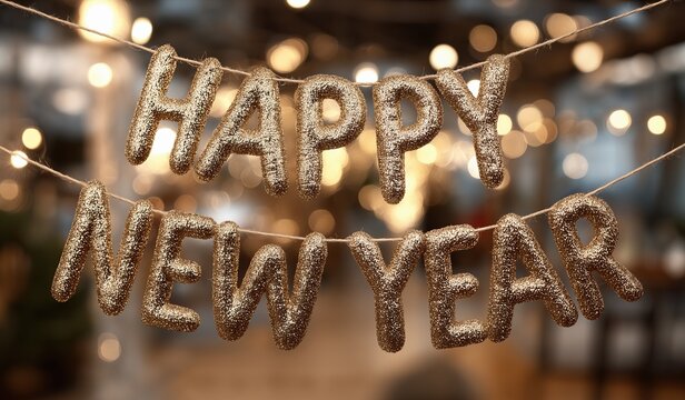 Banner made of golden glittering letters spelling Happy New Year hangs on string in middle with blurred background featuring lights and bokeh effect.