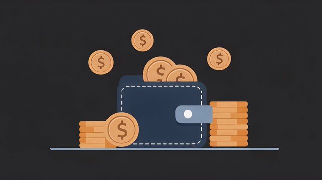 Animated wallet with falling gold coins on a dark background financial concept illustration