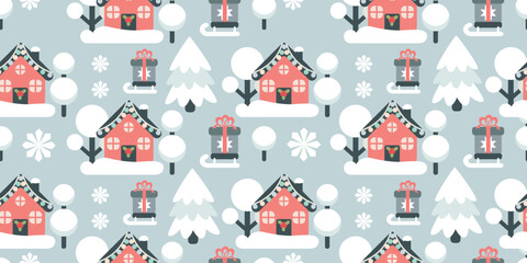 Fototapeta premium Seamless winter vector pattern with sled carrying gift, pink decorated house, snowy trees and firs on a light background. Perfect for textile printing, holiday designs and Christmas patterns.