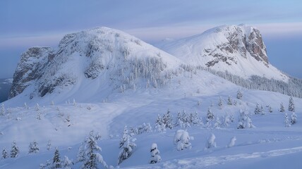 Snow-Kissed Evergreen Trees Stand Tall Before Mountains, Winter's Embrace Captured in Landscape View