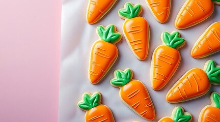 Colorful carrot-shaped cookies arranged on light pink background  