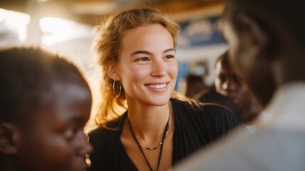 A diplomat attending a community cultural exchange event, warmly engaging with students, local leaders, and artists — soft-power diplomacy, grassroots international outreach, and cultural