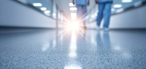 Medical professionals walk down hospital corridor illuminated by bright light. polished floor reflects their movement, creating sense of urgency and care in medical environment