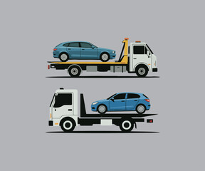 Fototapeta premium Two tow trucks carrying blue hatchback cars graphic vector illustration