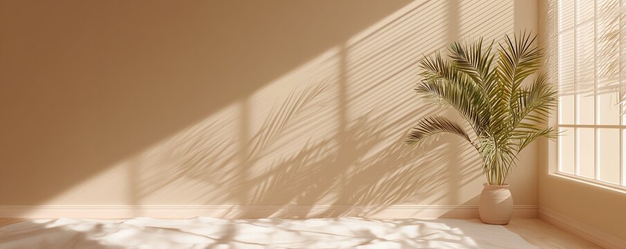 Beige wall with a houseplant casting shadows from window blinds, concept for interior design, home decoration and tranquil backgrounds