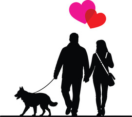 Couple walking dog silhouette with hearts romantic love vector image eps